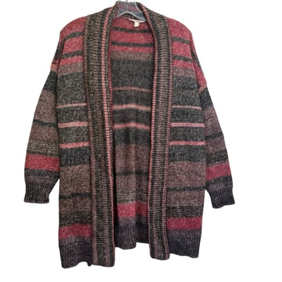 ESPRIT Open Front Stripe Cardigan Sweater Shawl Collar Pocket Cotton Soft Cozy M - Picture 2 of 16